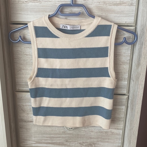 Zara cropped knit tank BLUE AND OFF WHITE - Picture 1 of 3